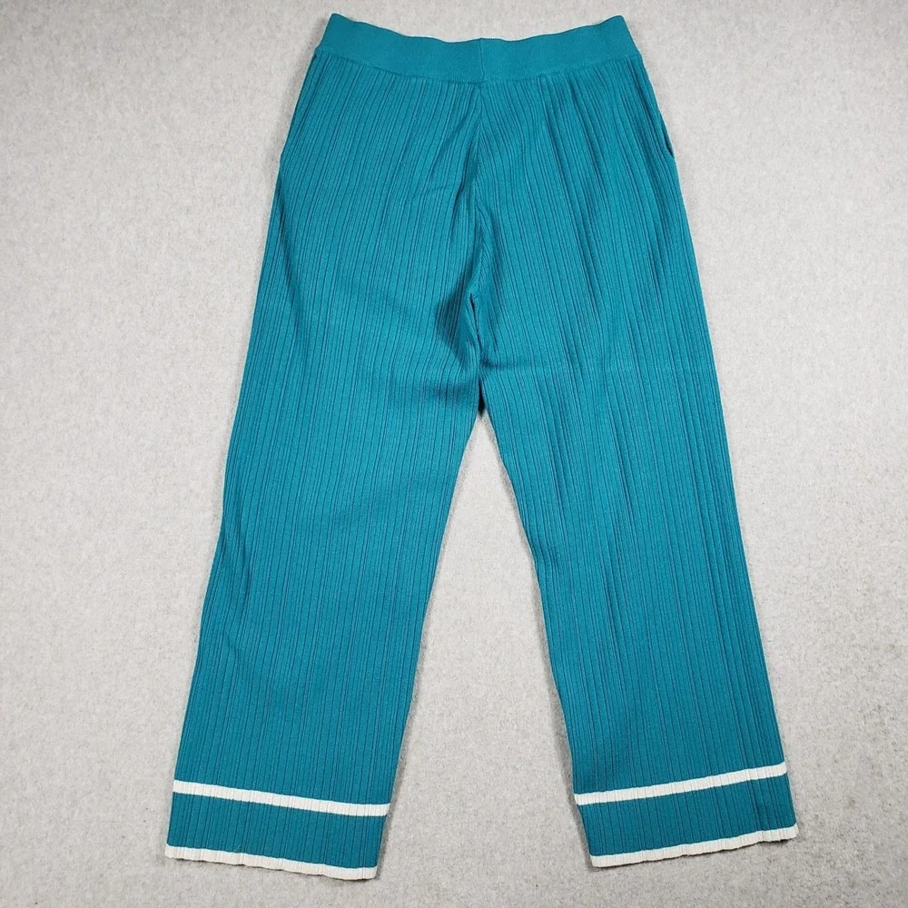 BTFBM Womens 2 Piece Lounge Set Large Teal Blue Ribbed Knit Polo & Wide Leg Pant